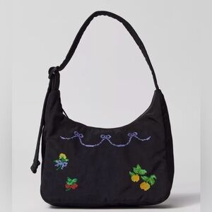 BAGGU Mini Nylon Shoulder Bag in black "Cross Stitch" pattern
